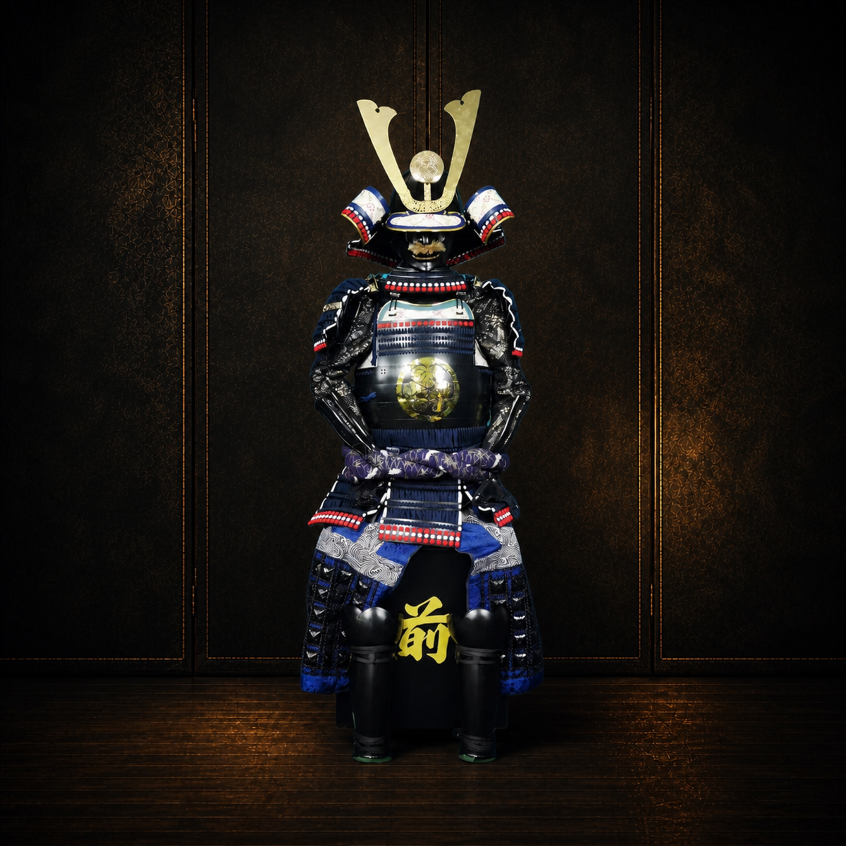 Front view of an ARMOURBUY classical great-armor reproduction on a dark display background