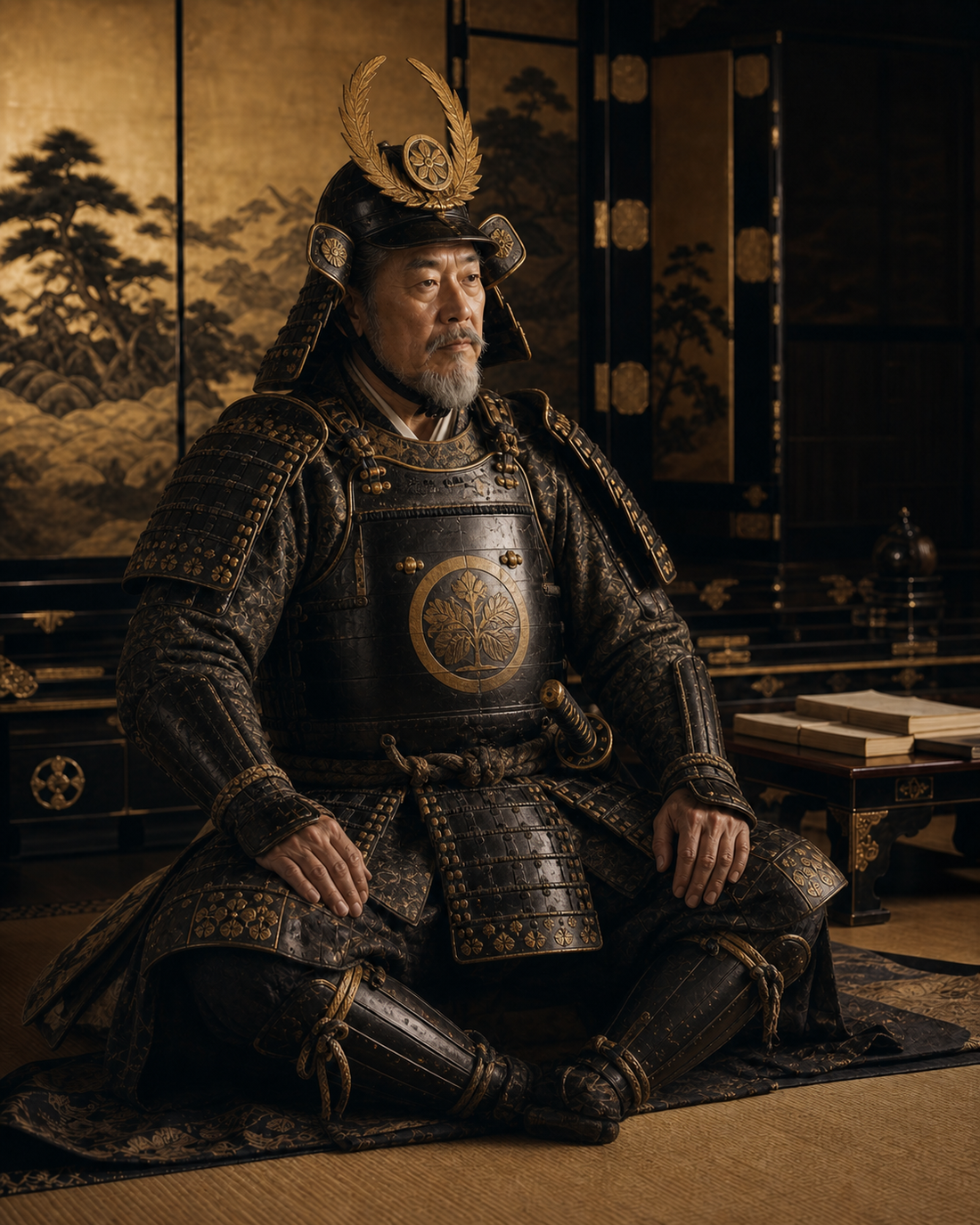 Modern illustration of Tokugawa Ieyasu represented in armor with a prominent helmet crest