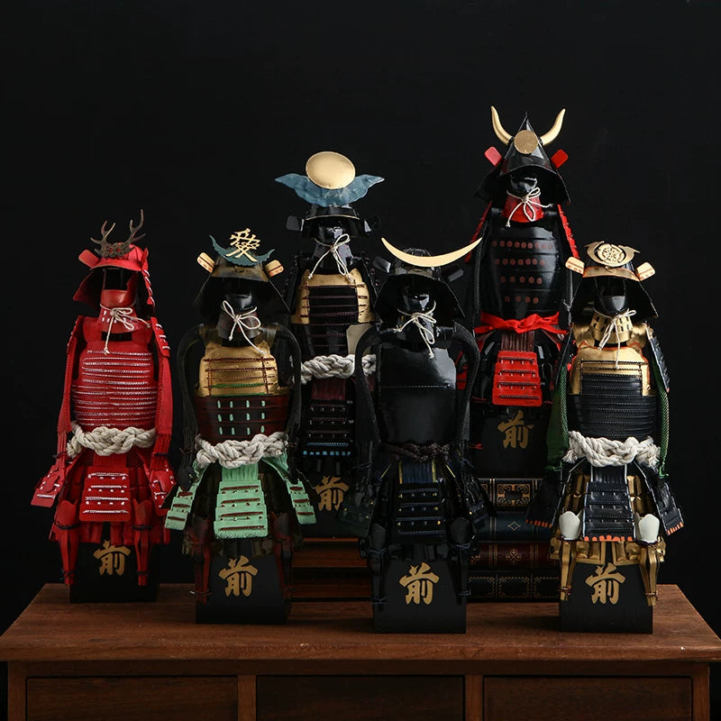 Six scaled samurai armor figures in warlord colours on a wooden display shelf
