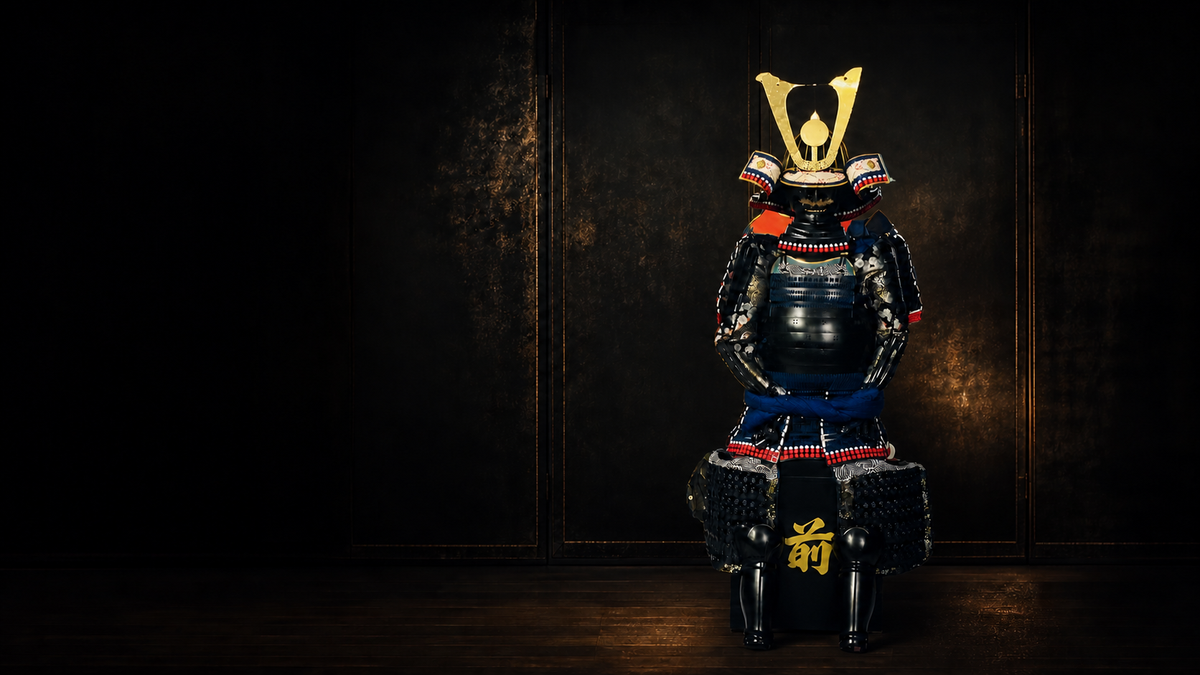 Oda Nobunaga silver and gilt full-size samurai armor, complete view