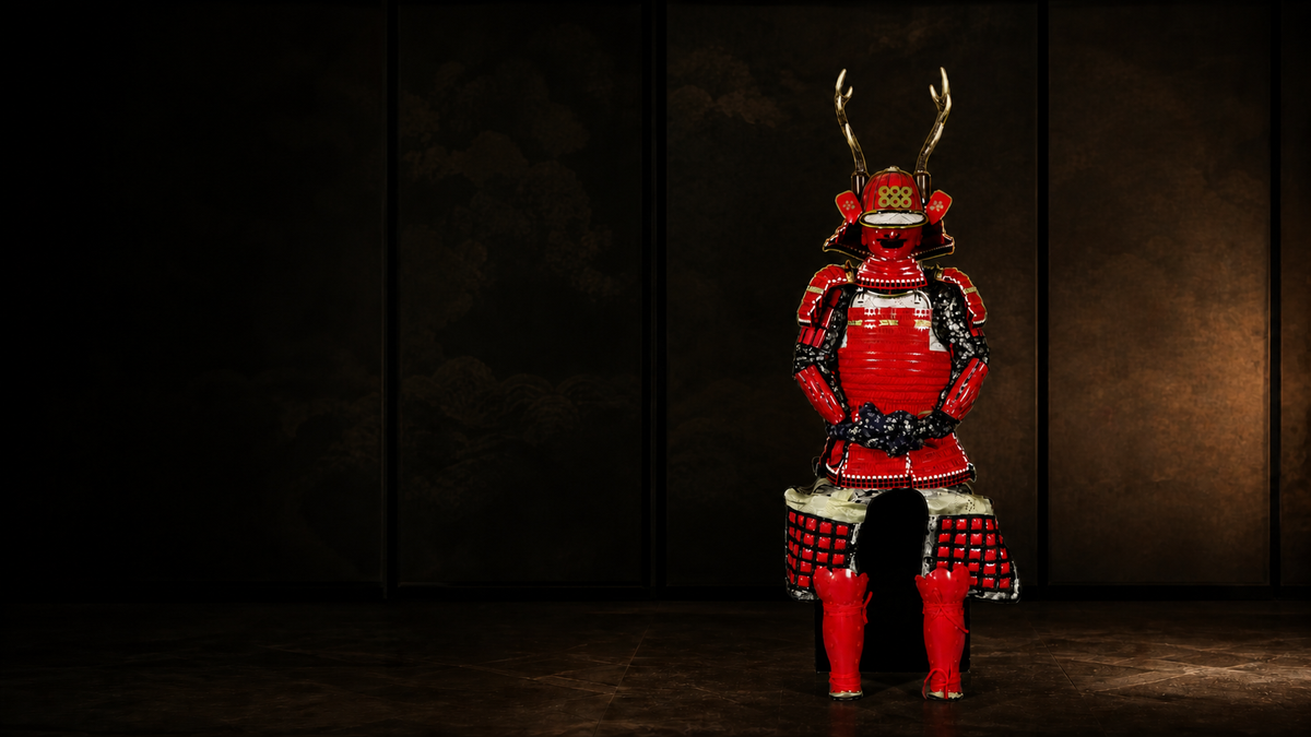 Sanada Yukimura crimson-red full-size samurai armor, complete view