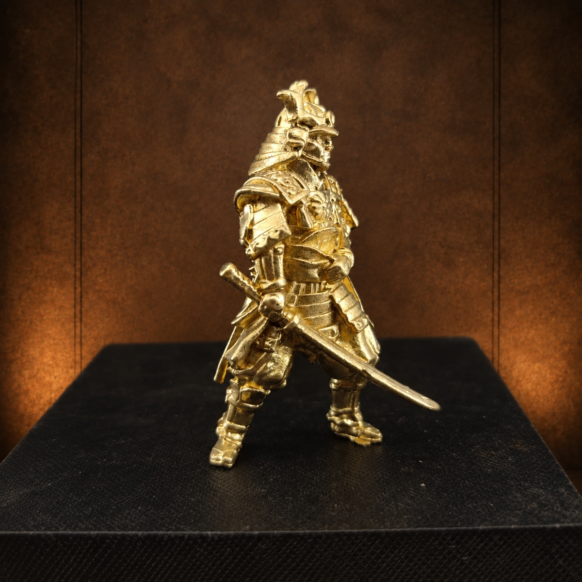 Solid brass samurai figurine on warm bronze museum backdrop