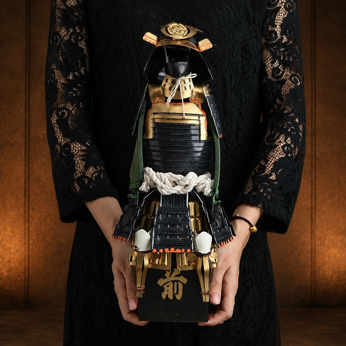 Desktop samurai armor figure on warm bronze museum backdrop