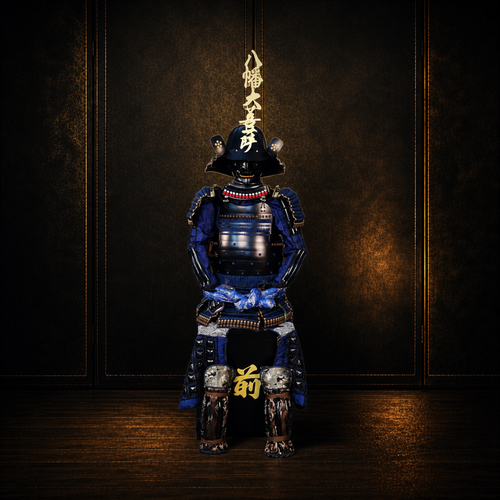 Hōjō Ujiyasu samurai armor, dark museum-style background, view 1