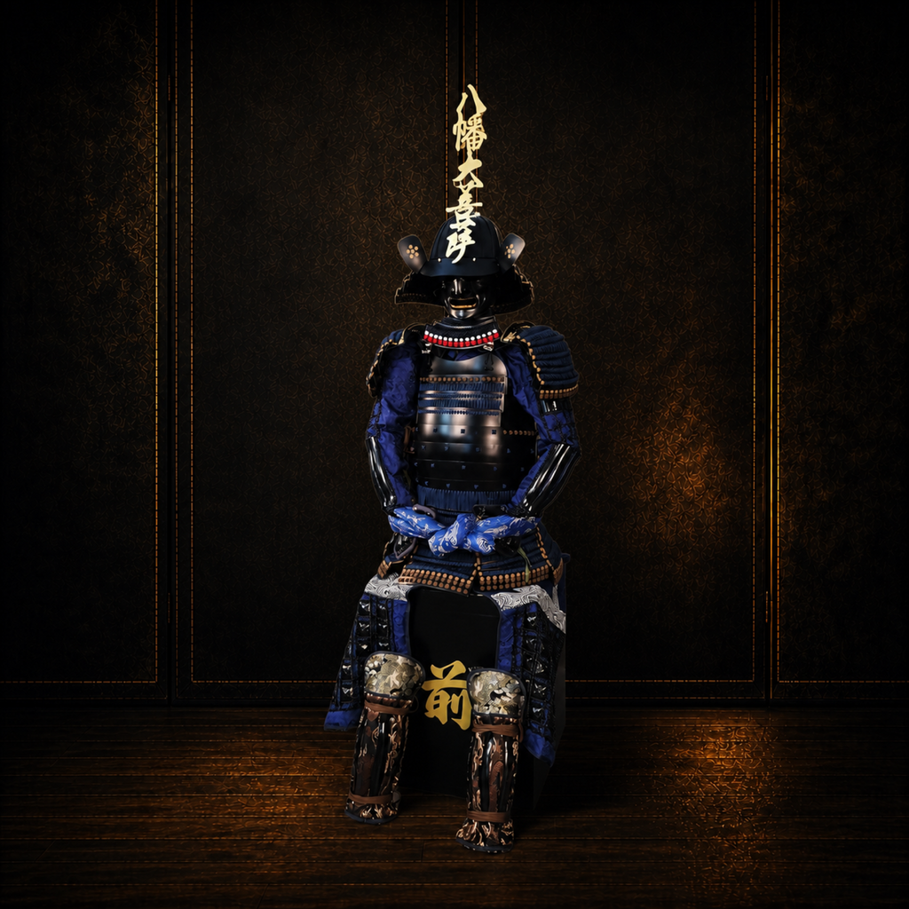 Hōjō Ujiyasu samurai armor, dark museum-style background, view 2