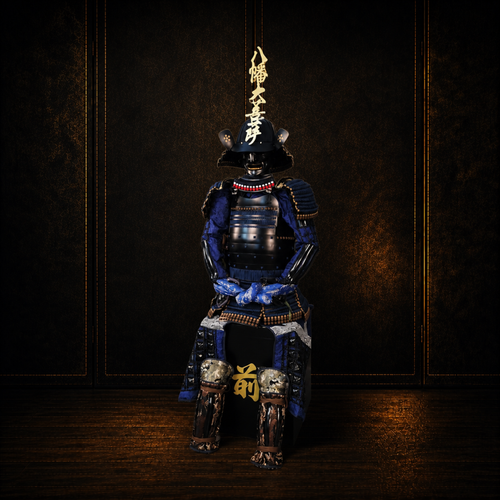 Hōjō Ujiyasu samurai armor, dark museum-style background, view 2