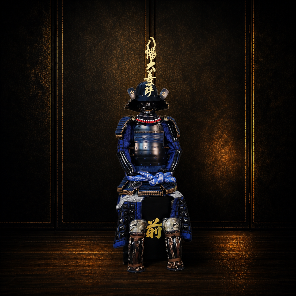 Hōjō Ujiyasu samurai armor, dark museum-style background, view 3