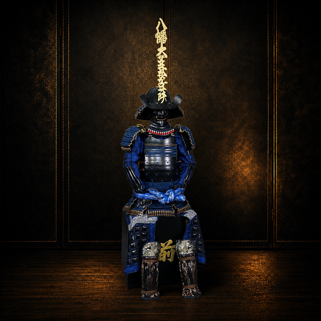 Hōjō Ujiyasu samurai armor, dark museum-style background, view 5