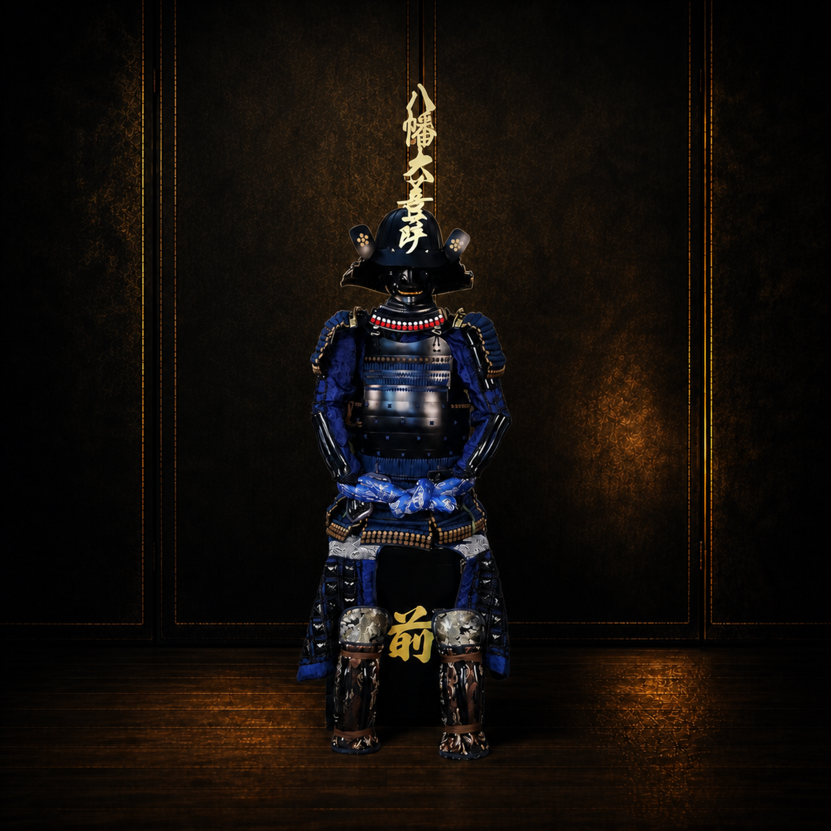 Hōjō Ujiyasu samurai armor, dark museum-style background, view 6