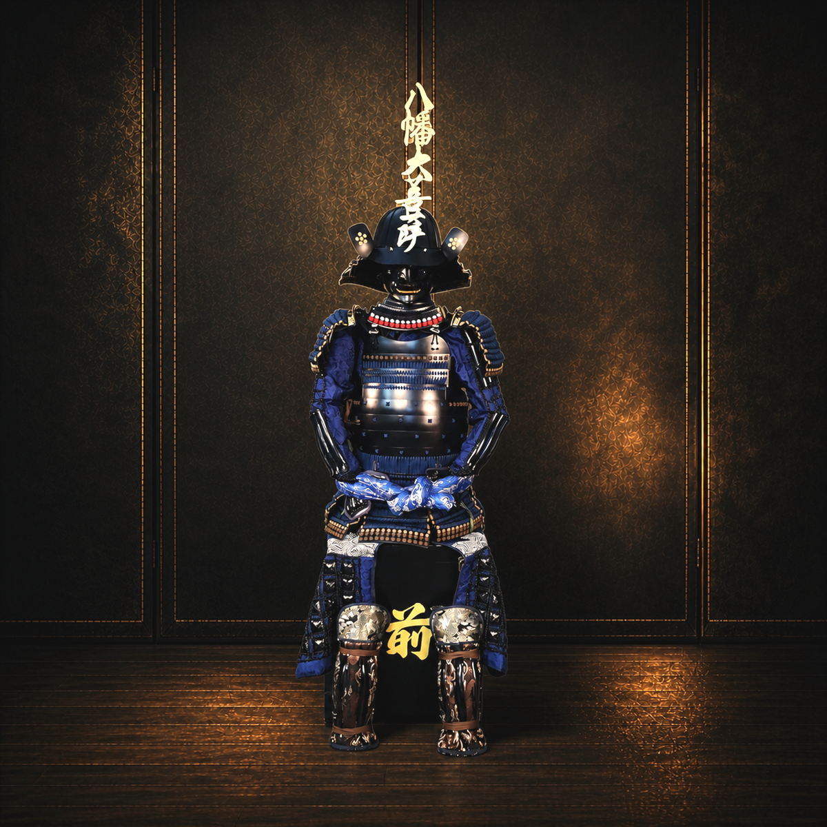 Hōjō Ujiyasu Samurai Armor — Indigo Laced, Full Life-Size Set — full front view