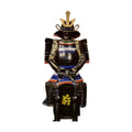 Imagawa Yoshimoto samurai armor in indigo and gilt, front view, white background