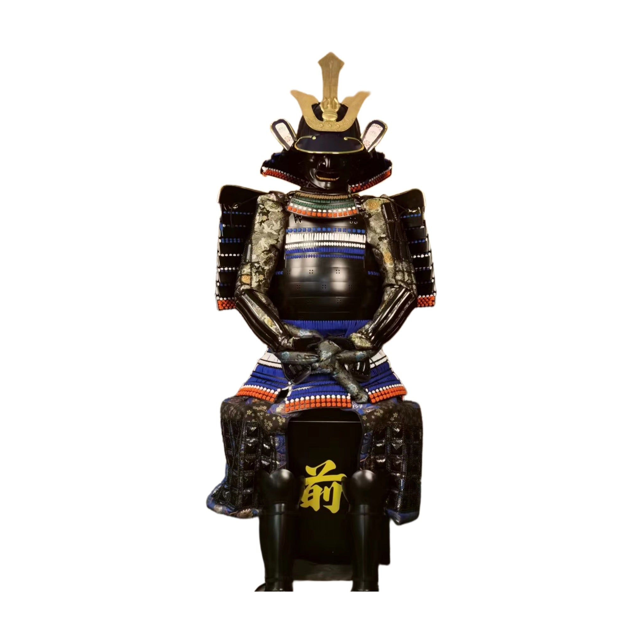 Imagawa Yoshimoto samurai armor in indigo and gilt, front view, white background