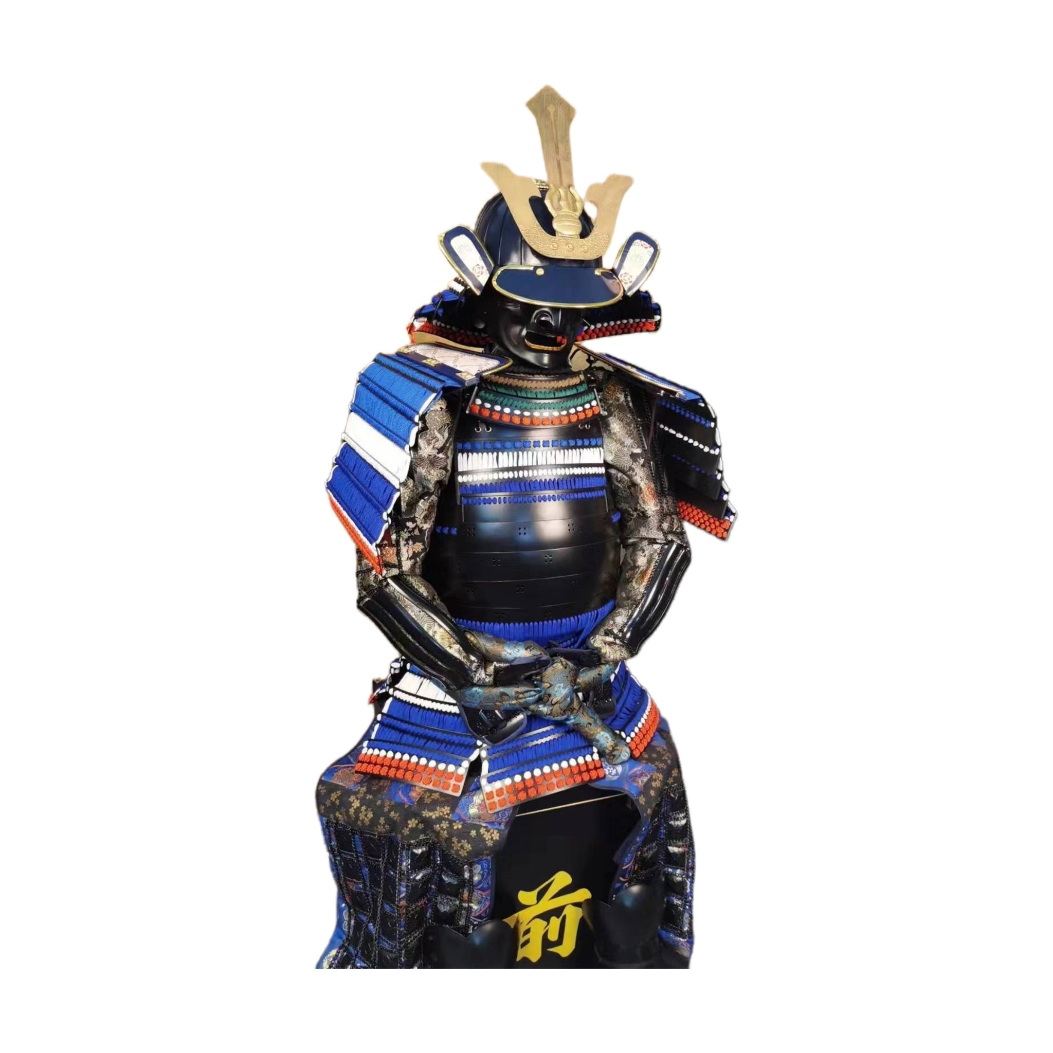 Indigo and gilt samurai armor, front detail, blue silk lacing
