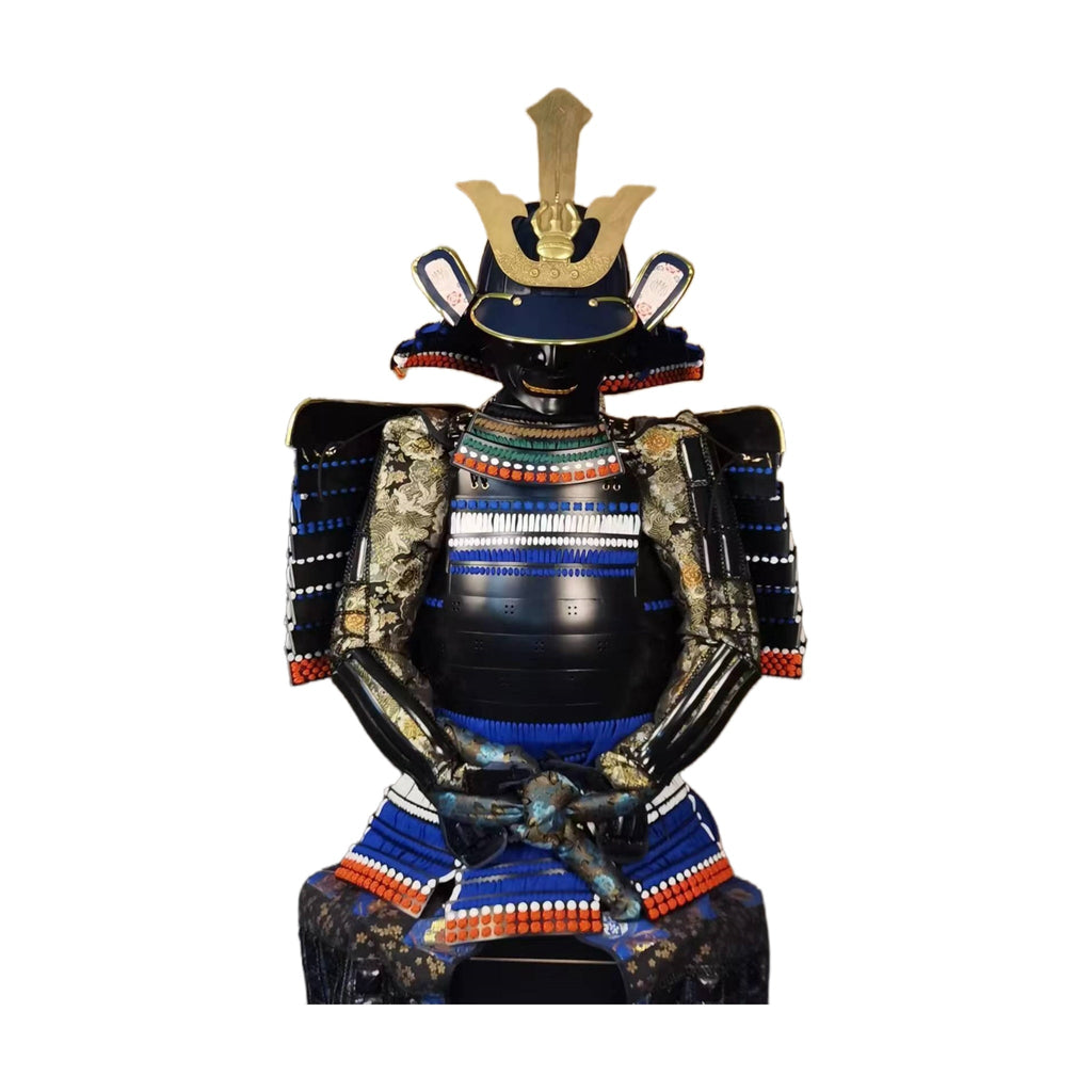 Indigo and gilt samurai armor, three-quarter view