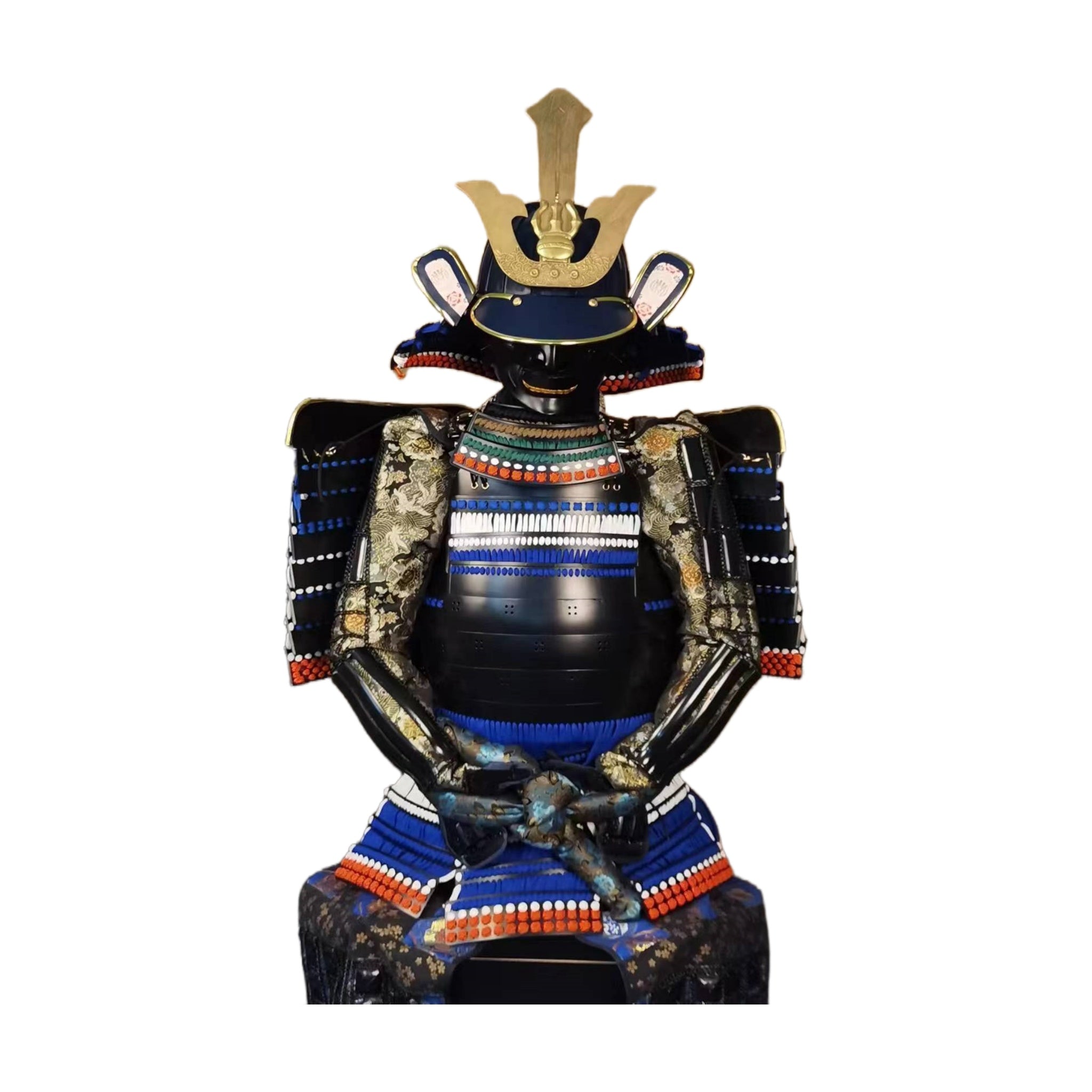 Indigo and gilt samurai armor, three-quarter view