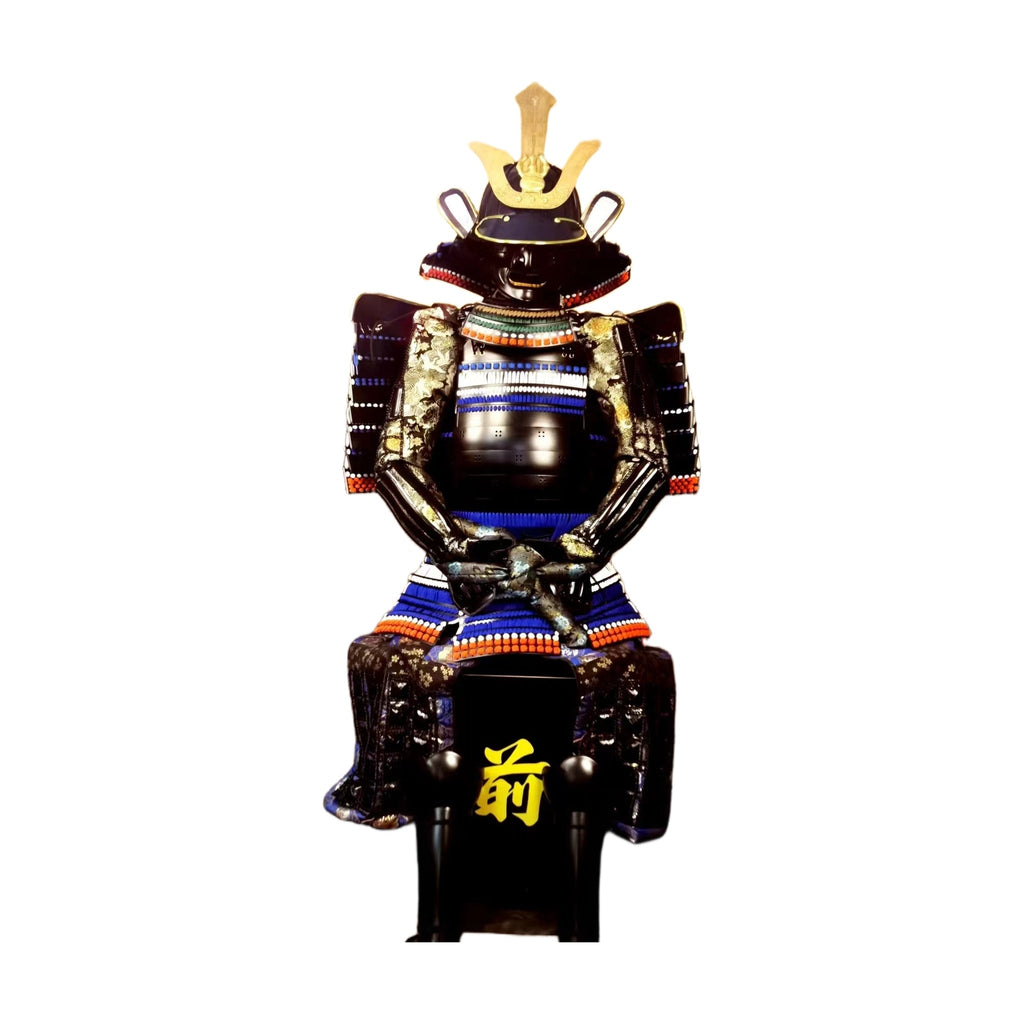 Indigo and gilt samurai armor, kabuto helmet with kuwagata crest