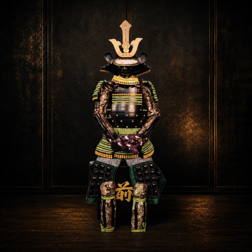 Imagawa Yoshimoto samurai armor full set, front view, dark museum-style background