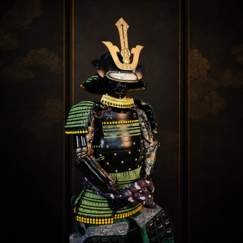 Imagawa Yoshimoto samurai armor, front detail, dark lacquered plate, dark museum-style background
