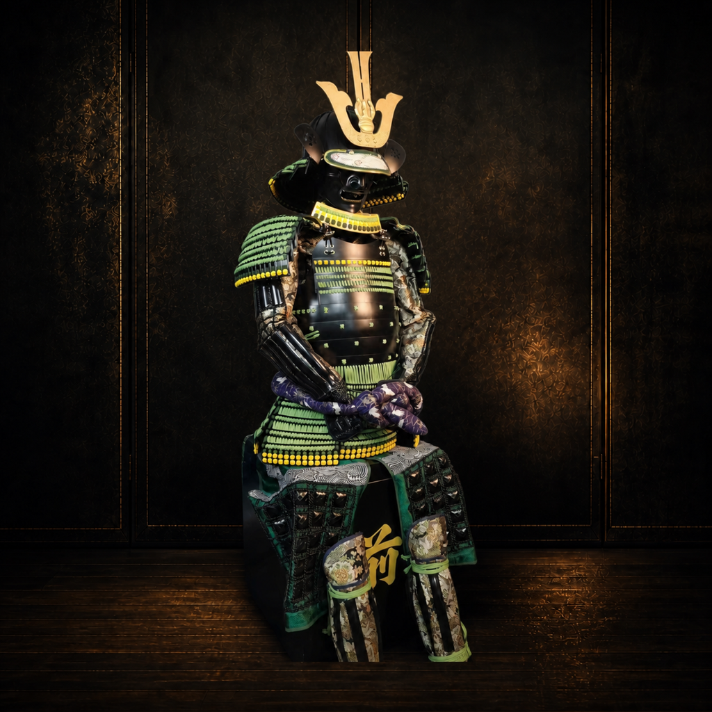 Imagawa Yoshimoto samurai armor, three-quarter view, dark museum-style background