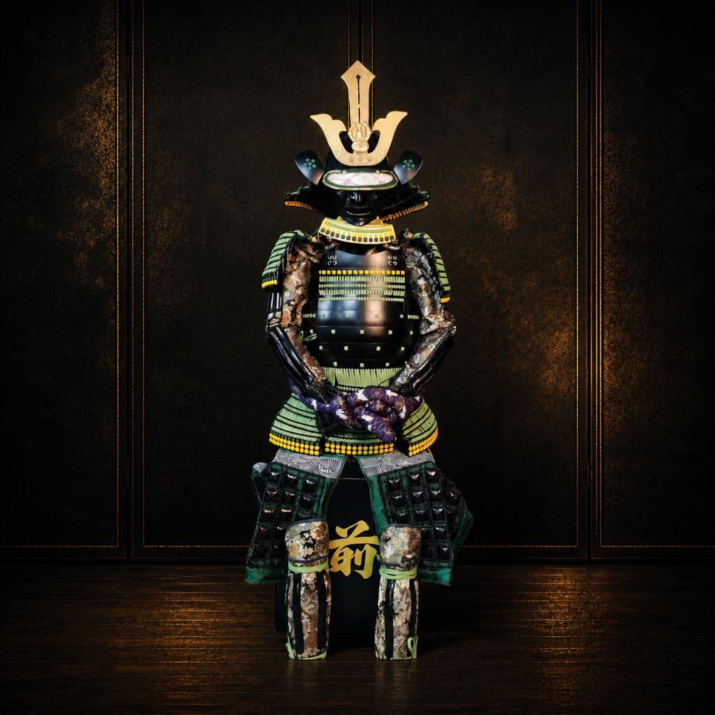 Imagawa Yoshimoto samurai armor, side view, laced shoulder guards, dark museum-style background