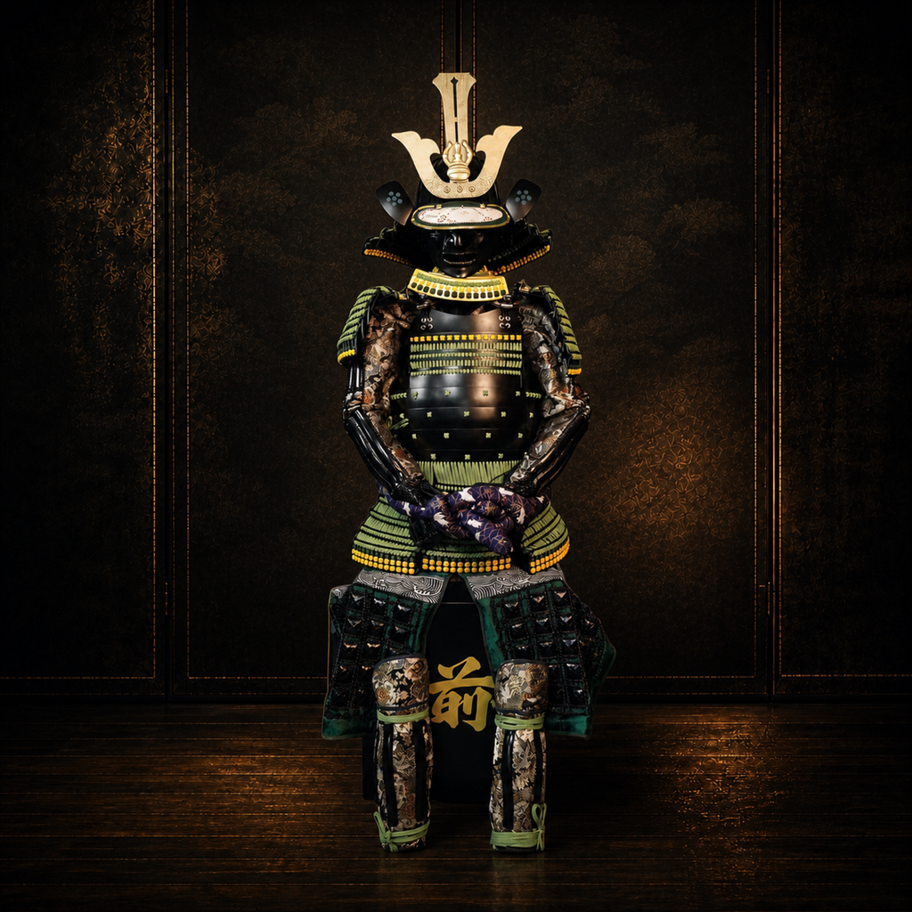 Imagawa Yoshimoto samurai armor kabuto helmet and menpo mask, close-up, dark museum-style background