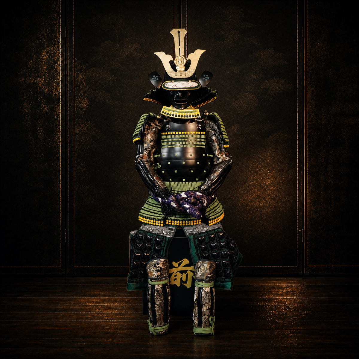 Imagawa Yoshimoto samurai armor kabuto helmet and menpo mask, close-up, dark museum-style background