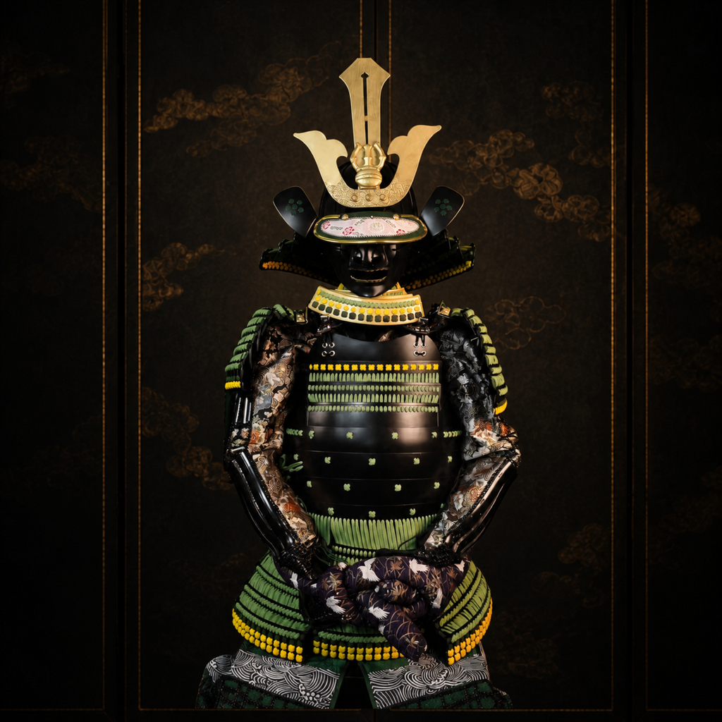 Imagawa Yoshimoto samurai armor, cuirass and lacing detail, dark museum-style background
