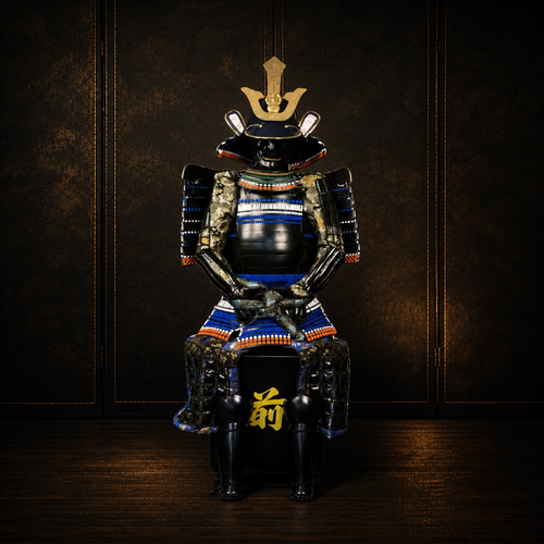 Imagawa Yoshimoto samurai armor in indigo and gilt, front view, dark museum-style background