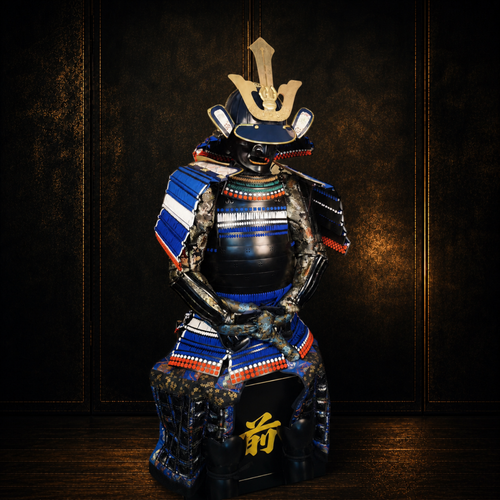 Indigo and gilt samurai armor, front detail, blue silk lacing, dark museum-style background