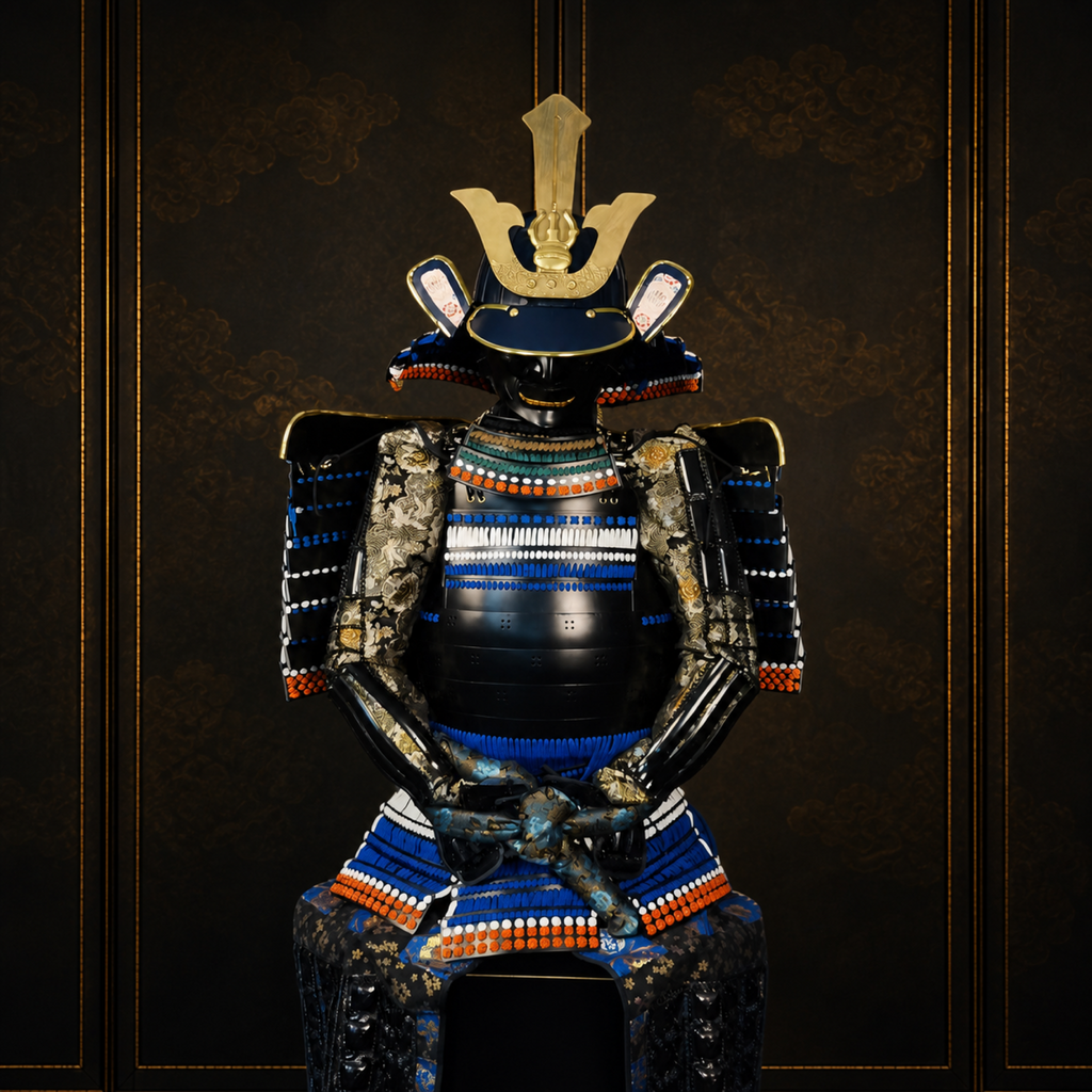 Indigo and gilt samurai armor, three-quarter view, dark museum-style background