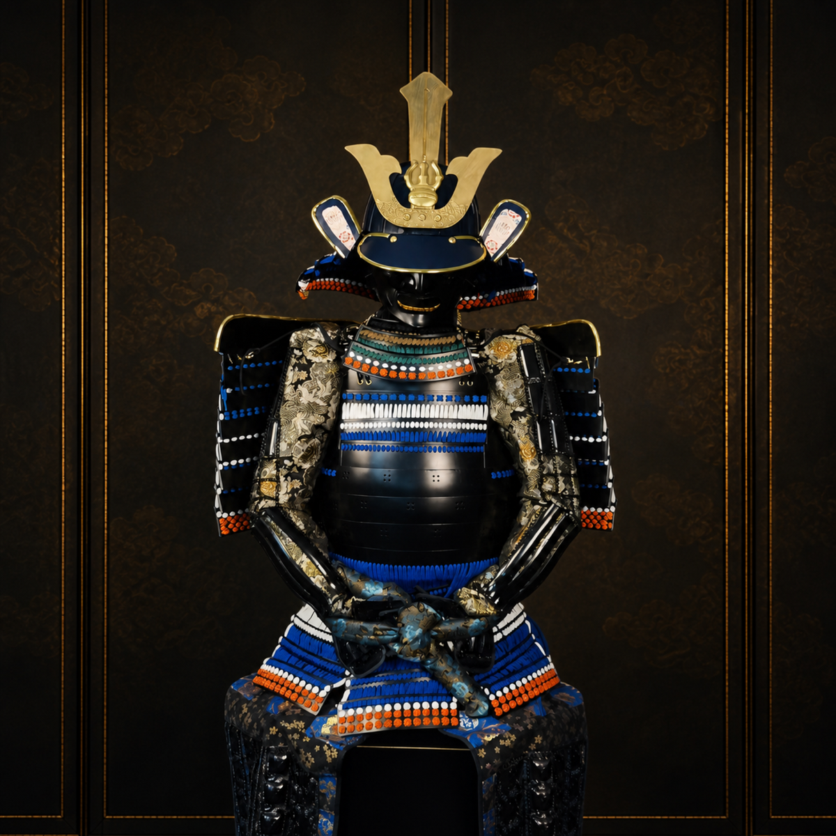 Indigo and gilt samurai armor, three-quarter view, dark museum-style background
