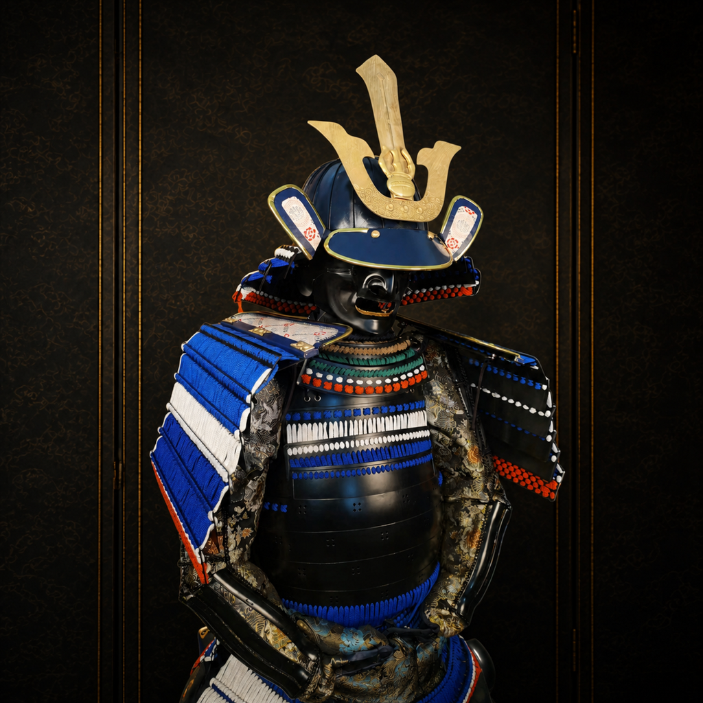 Indigo and gilt samurai armor, side view, dark museum-style background