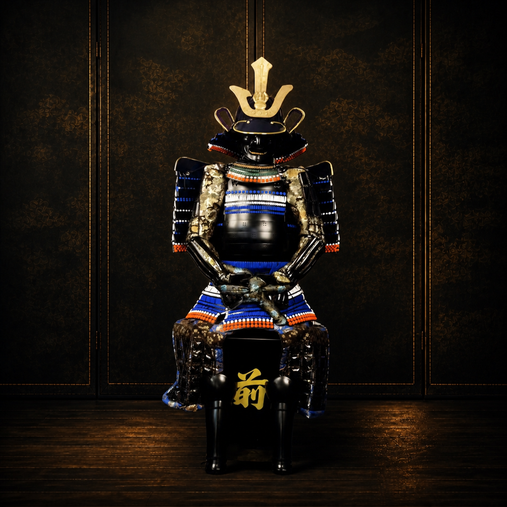 Indigo and gilt samurai armor, kabuto helmet with kuwagata crest, dark museum-style background
