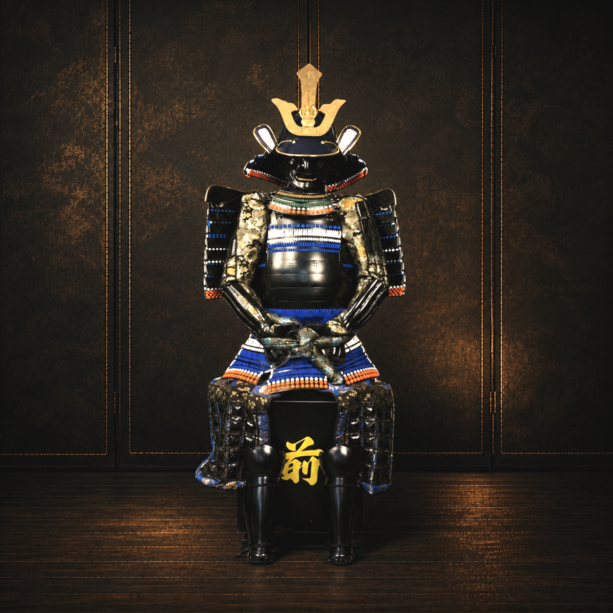 Imagawa Yoshimoto Samurai Armor — Indigo and Gilt, Full Life-Size Set — full front view