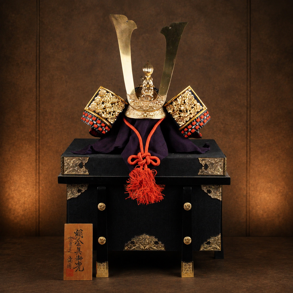 Traditional kabuto display on warm bronze museum backdrop