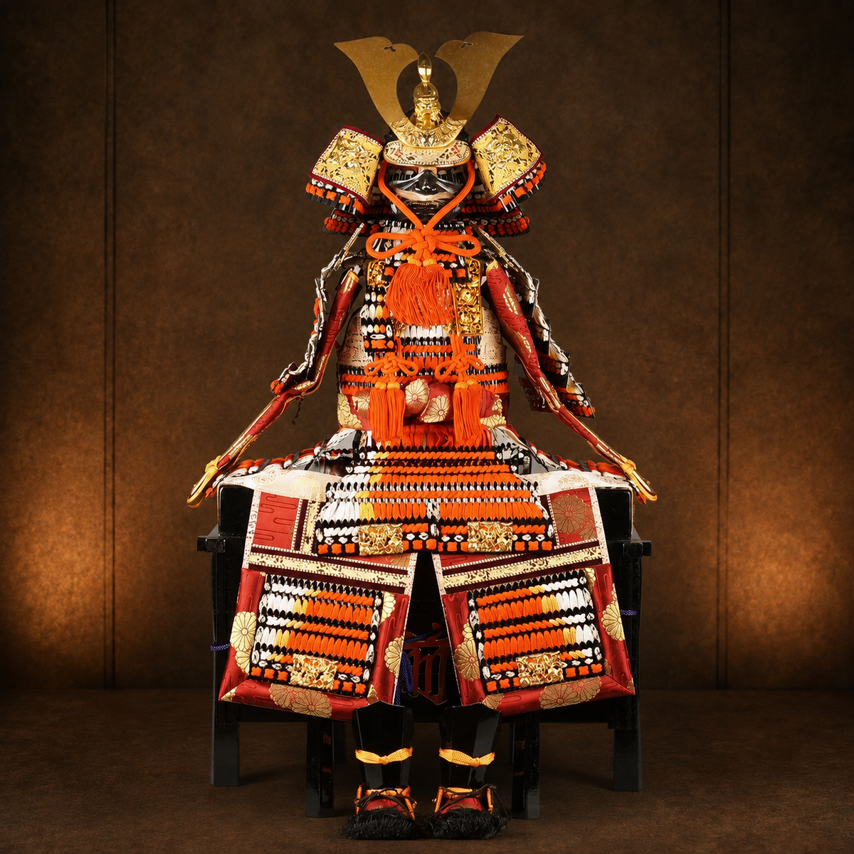 Complete O-yoroi display model on warm bronze museum backdrop