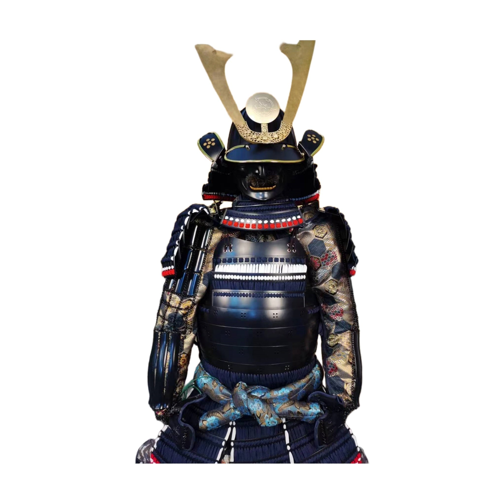 Black lacquered samurai armor, front detail, kuwagata crest