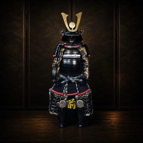 Oda Nobuhide samurai armor, black lacquer, front view, dark museum-style background