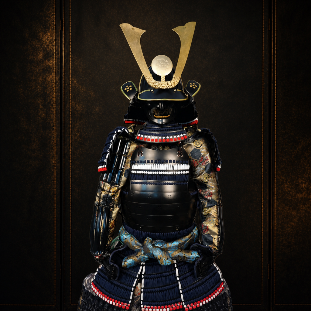Black lacquered samurai armor, front detail, kuwagata crest, dark museum-style background
