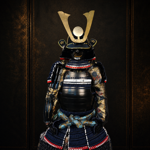 Black lacquered samurai armor, front detail, kuwagata crest, dark museum-style background