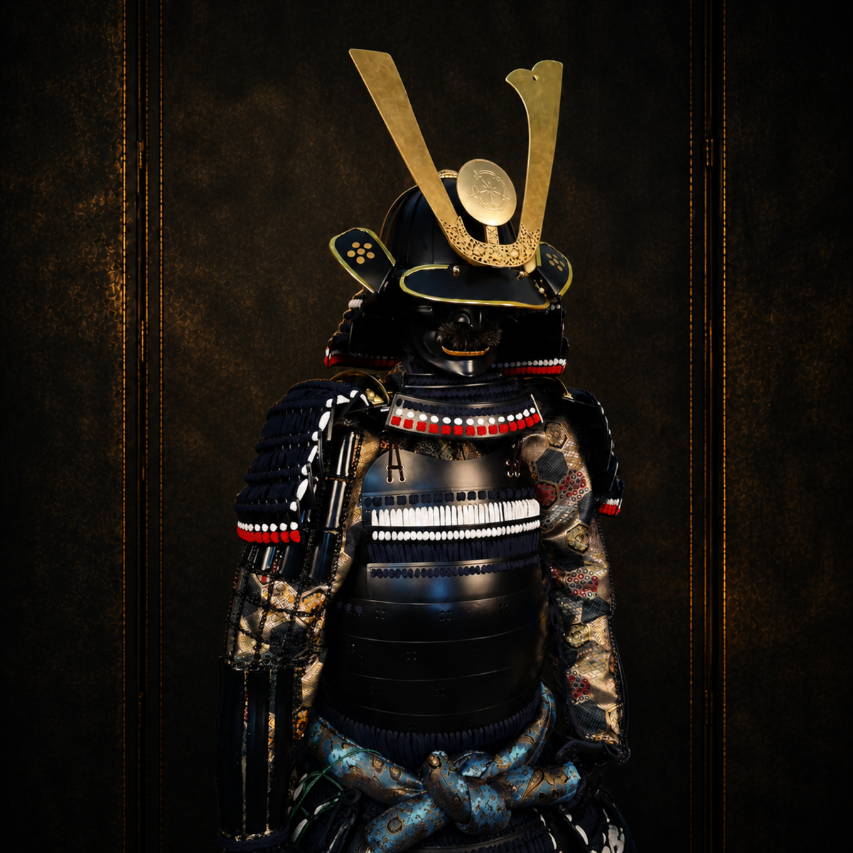 Black lacquered samurai armor, three-quarter view, dark museum-style background