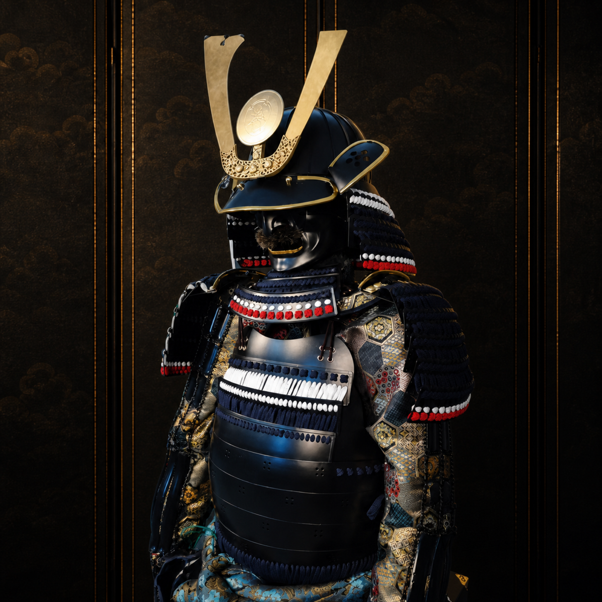 Black lacquered samurai armor, side view, dark museum-style background