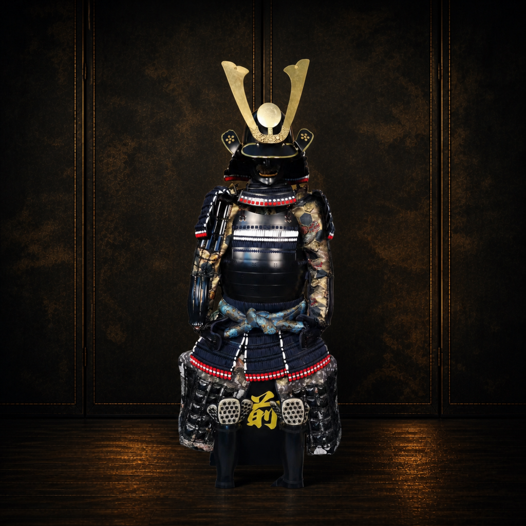 Black lacquered samurai armor, rear view, dark museum-style background