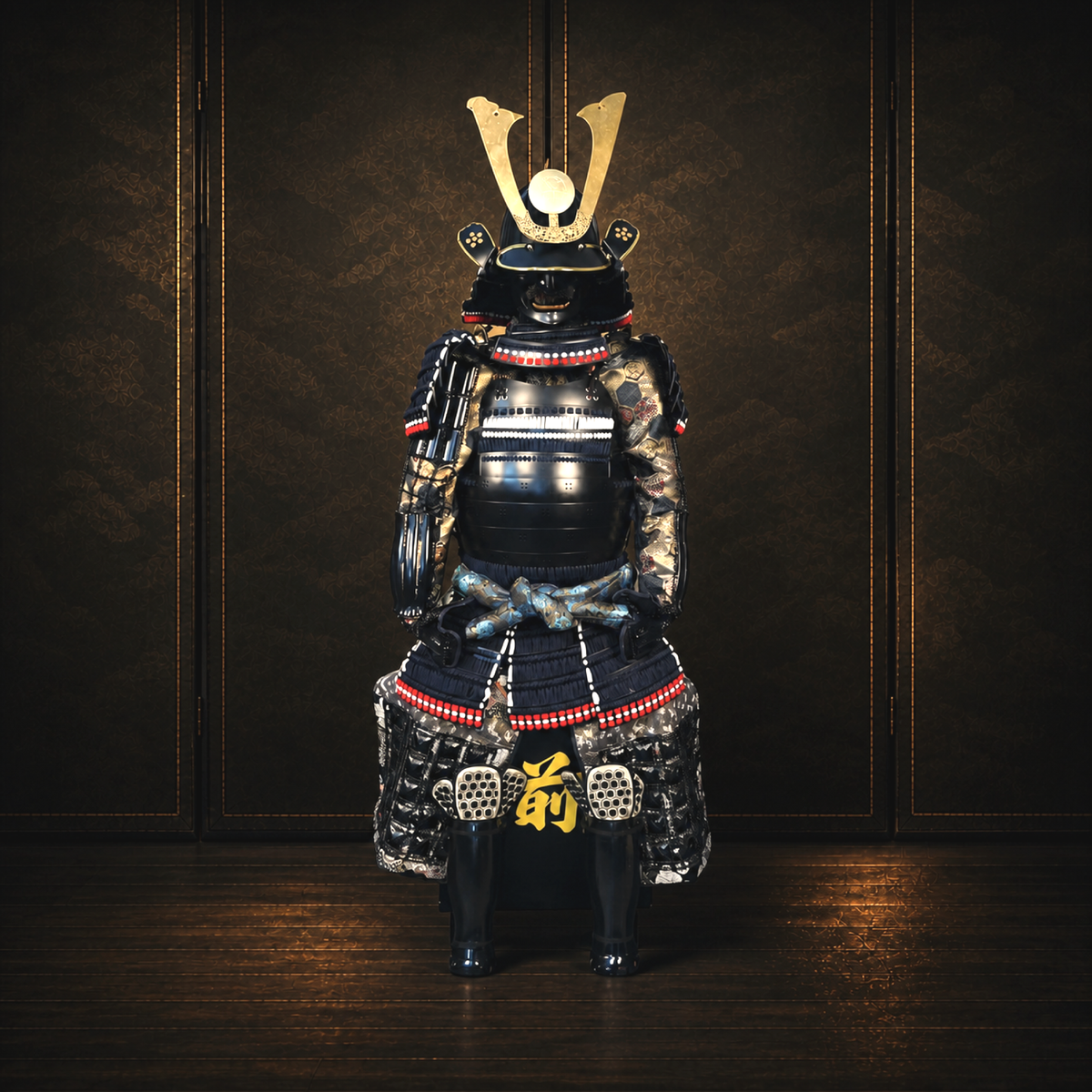 Oda Nobuhide Samurai Armor — Black Lacquer, Full Life-Size Set — full front view