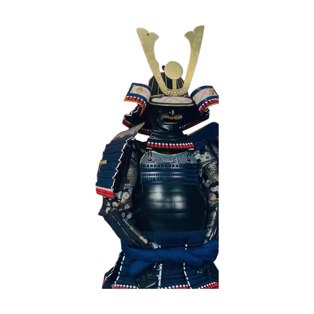 Silver and gilt samurai armor, side view with kuwagata crest