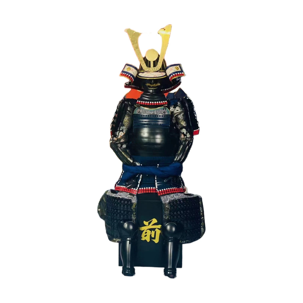 Oda Nobunaga samurai armor in silver and gilt, front view, white background