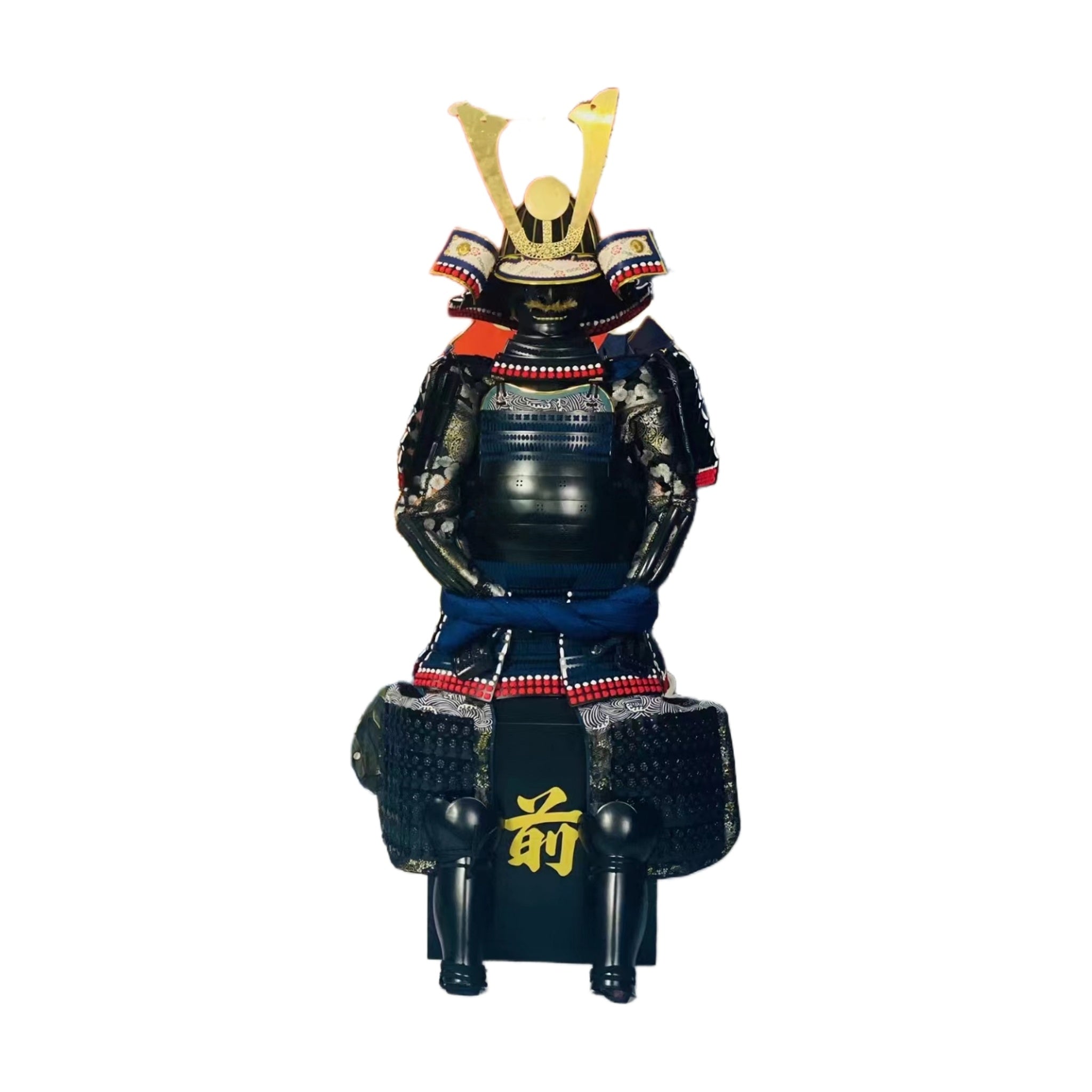 Oda Nobunaga samurai armor in silver and gilt, front view, white background