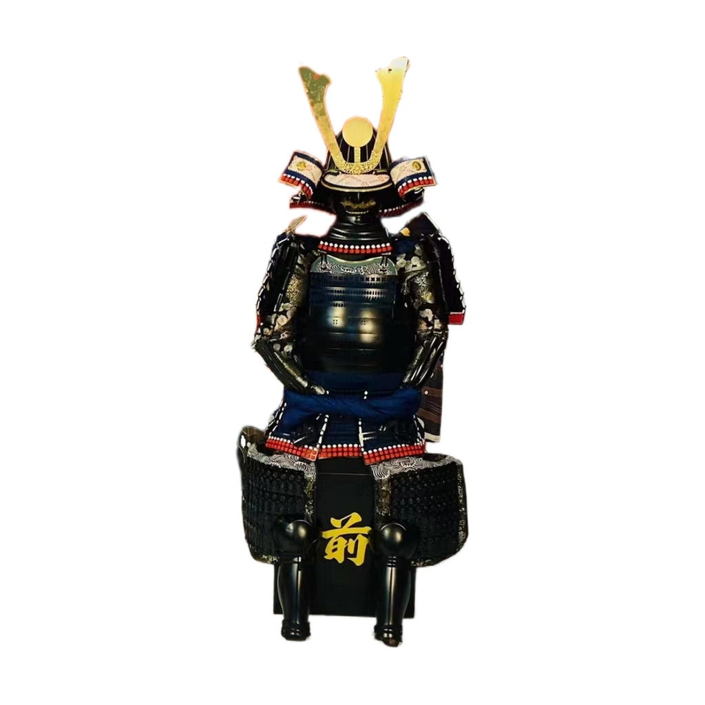 Silver and gilt samurai armor, front detail, blue lacing