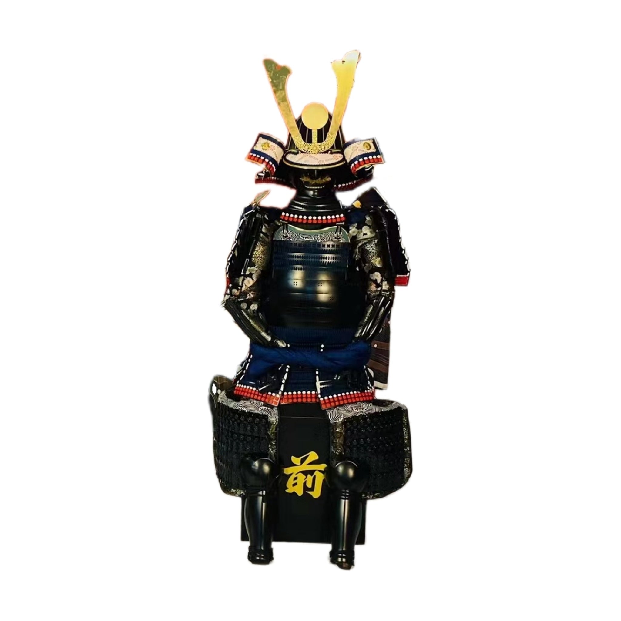 Silver and gilt samurai armor, front detail, blue lacing