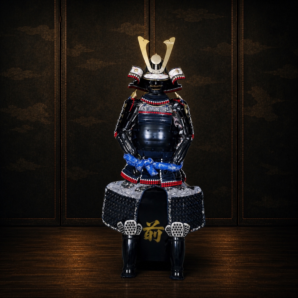 Oda Nobunaga samurai armor, dark museum-style background, view 1